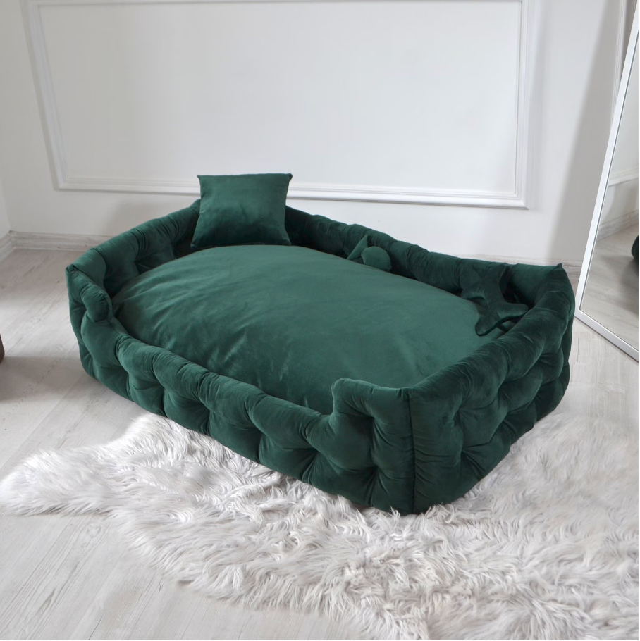 hondenmand velvet, hondenbed velours donkergroen