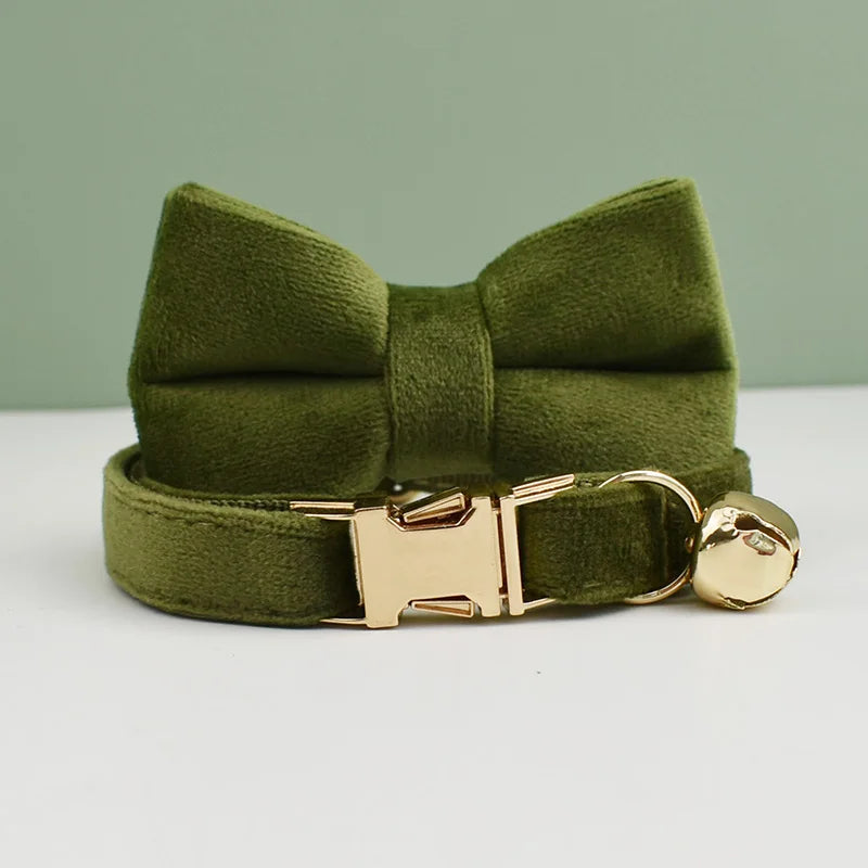 velvet halsband hond kat puppy met belletje olijfgroen