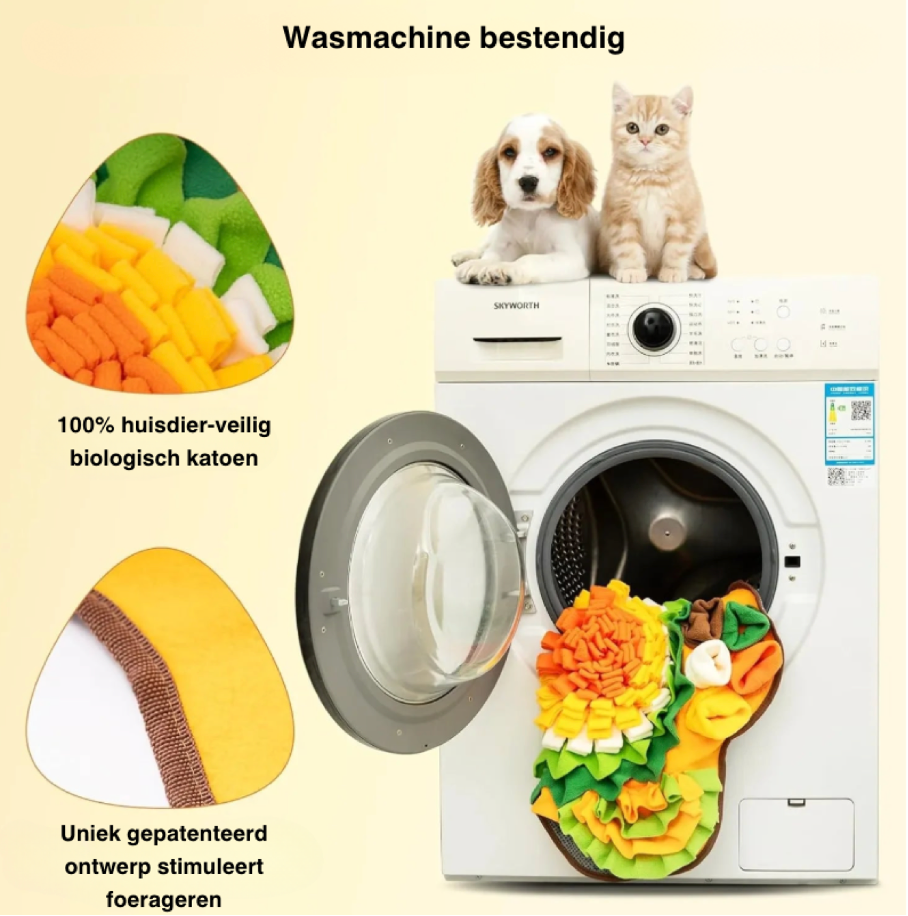 Een bloemvormige Snuffelmat voor honden en katten - een veelzijdige en stimulerende toevoeging aan de speelgoedcollectie van je huisdier, ontworpen om de eetbeleving te vertragen, intelligentie te bevorderen en stress te verminderen. Geschikt voor alle hondenrassen en -groottes. Makkelijk uitwasbaar en duurzaam. Bestel nu voor eindeloos vermaak en mentale stimulatie. Machine wasbaar